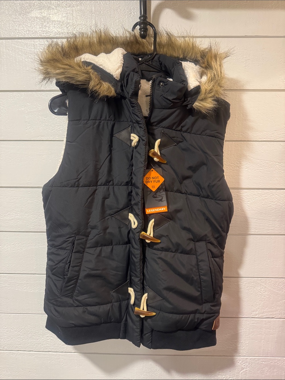 Legendary Whitetails Black Puffer Vest with Faux Fur Hood- medium